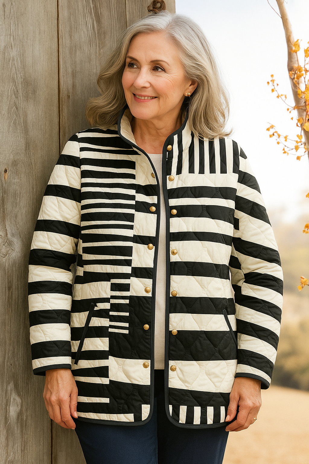 Elle | Women's Abstract Quilted Jacket in Black and White