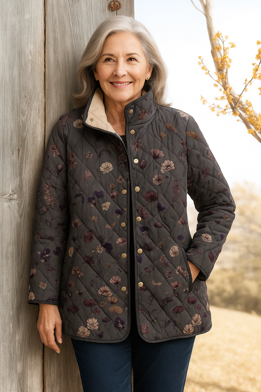 Elle | Women's Vintage Floral Print Casual Quilted Jacket