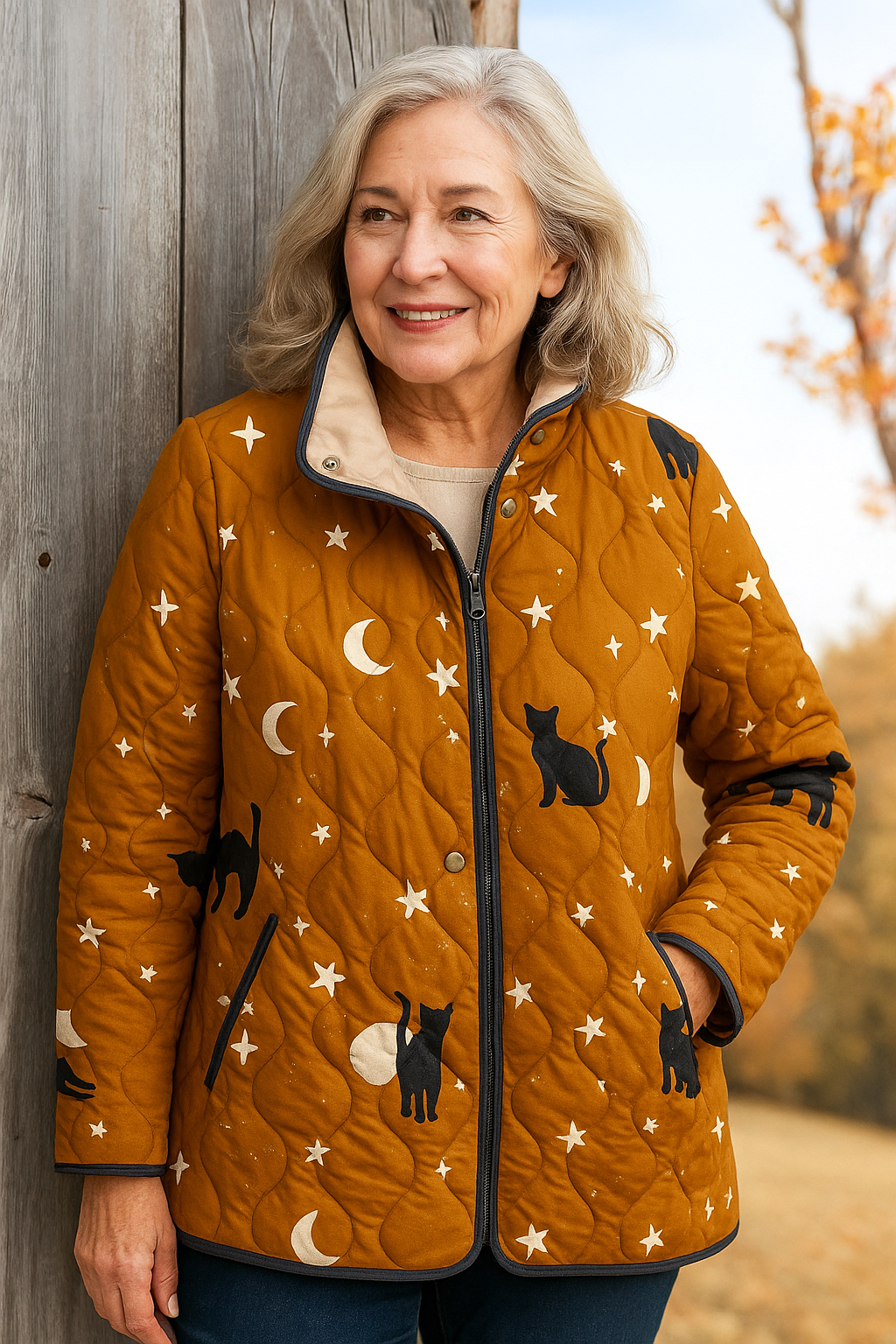 Elle | Casual Quilted Jacket with Black Cat Halloween Print