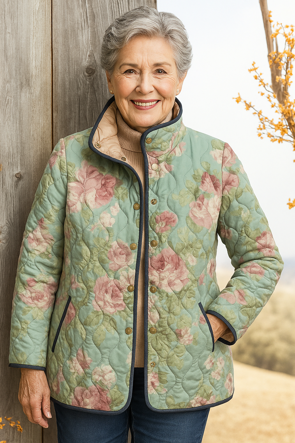 Elle | Retro Floral Patterned Quilted Jacket for Women