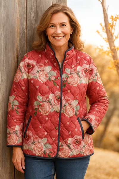 Elle | Charming Pink Floral Print Quilted Jacket for Women