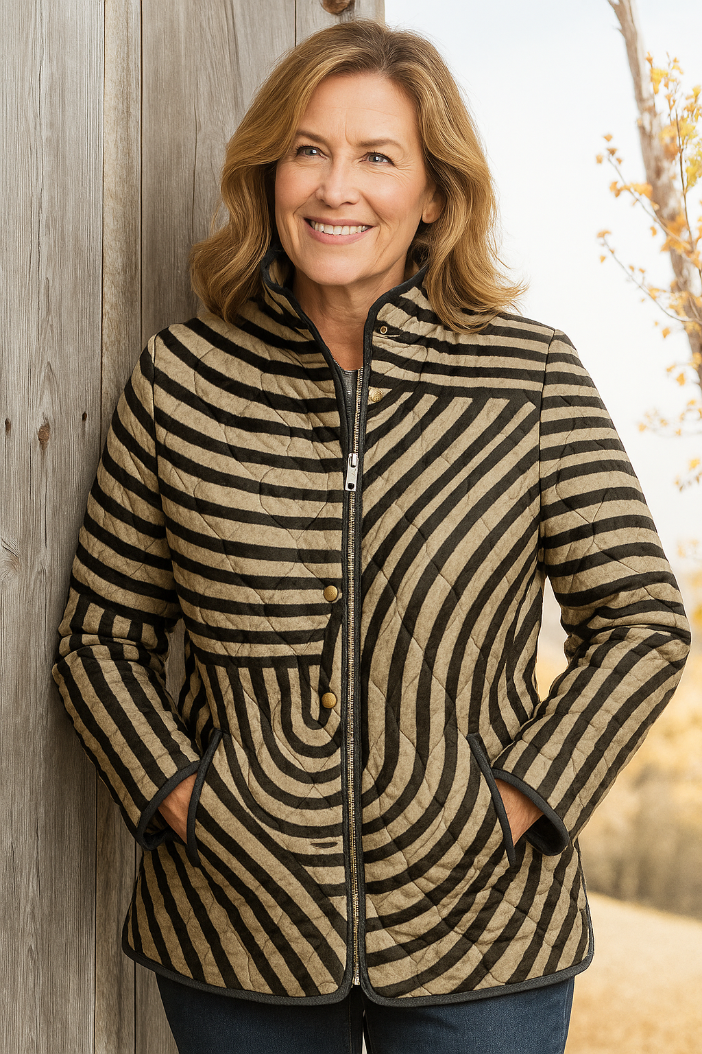 Elle | Women's Retro Quilted Jacket Featuring Hand-Drawn Circle Design