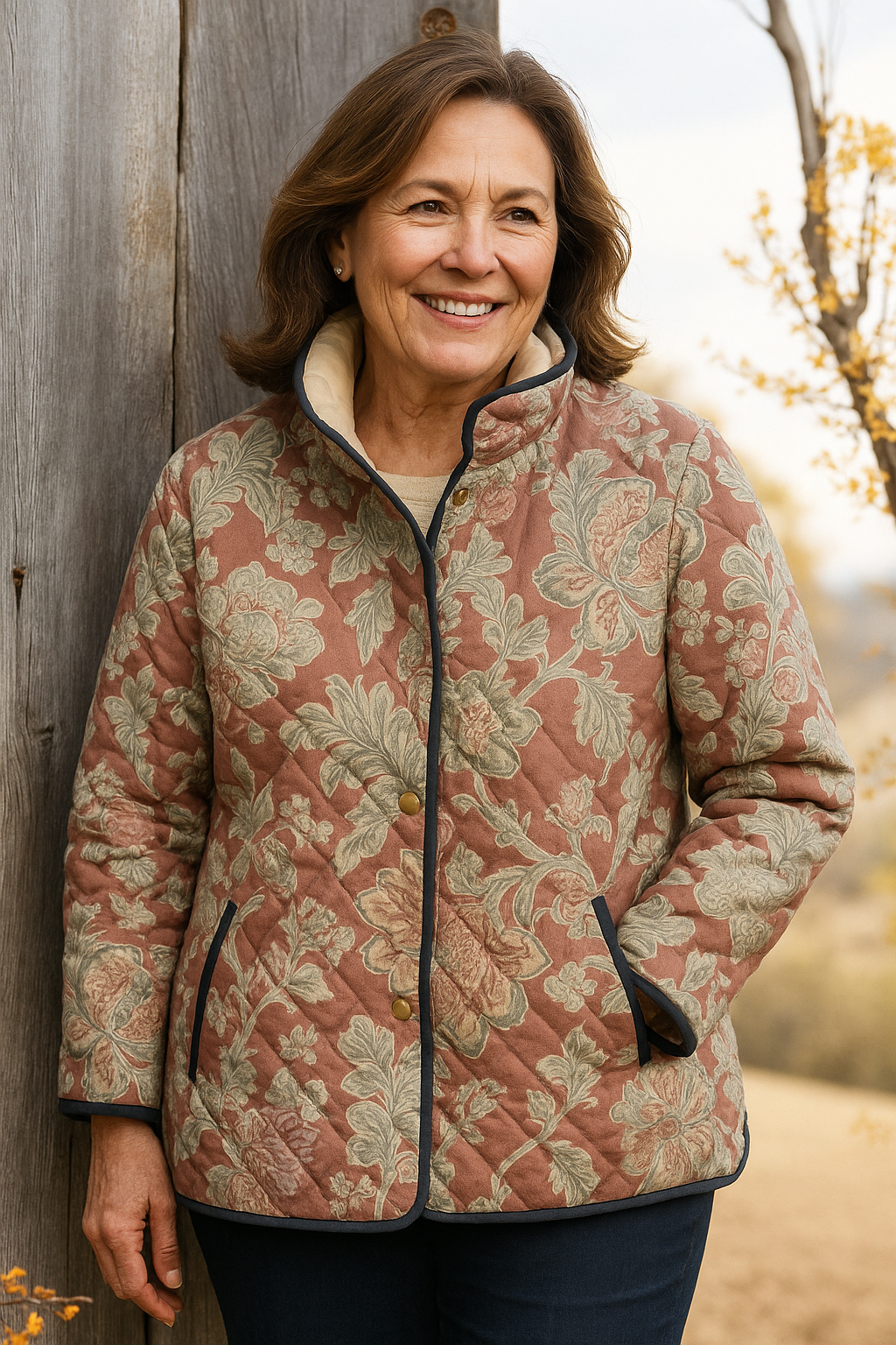 Elle | Women's Casual Quilted Jacket with Vintage Floral Print