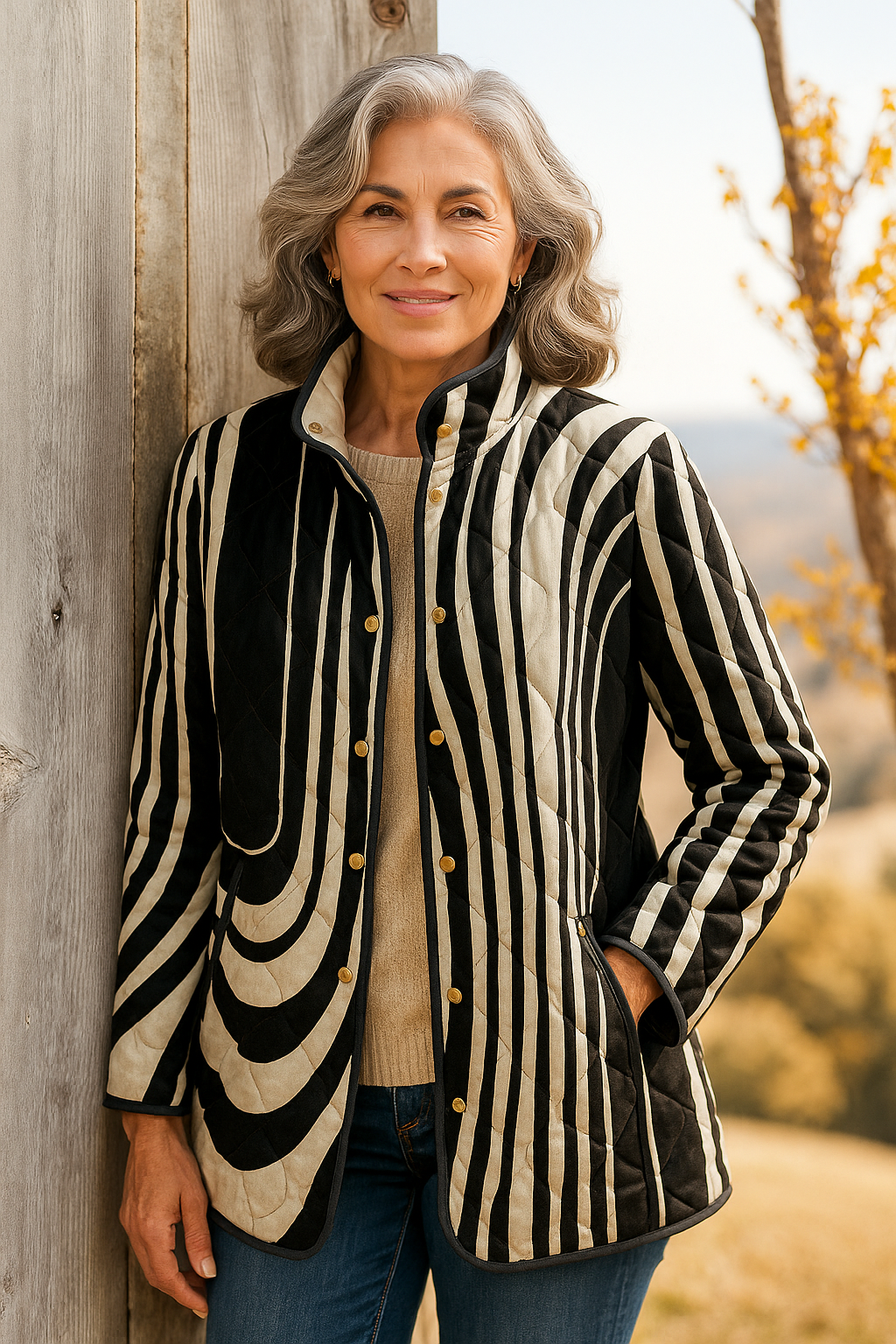 Elle | Women's Casual Quilted Jacket with Abstract Geometric Design