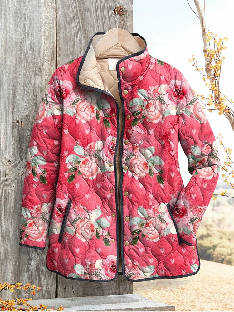 Elle | Charming Pink Floral Print Quilted Jacket for Women