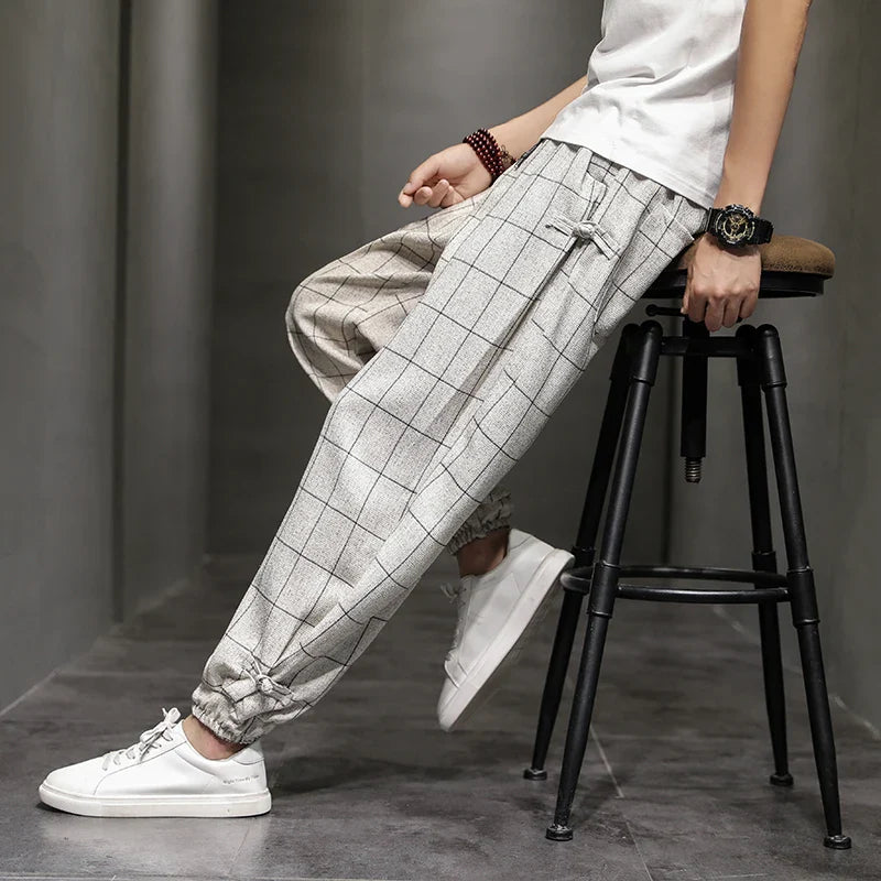 Pinns Windowpane Plaid Cotton Linen Pants