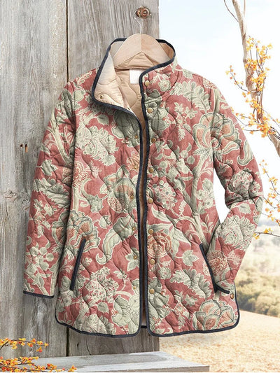 Elle | Women's Casual Quilted Jacket with Vintage Floral Print